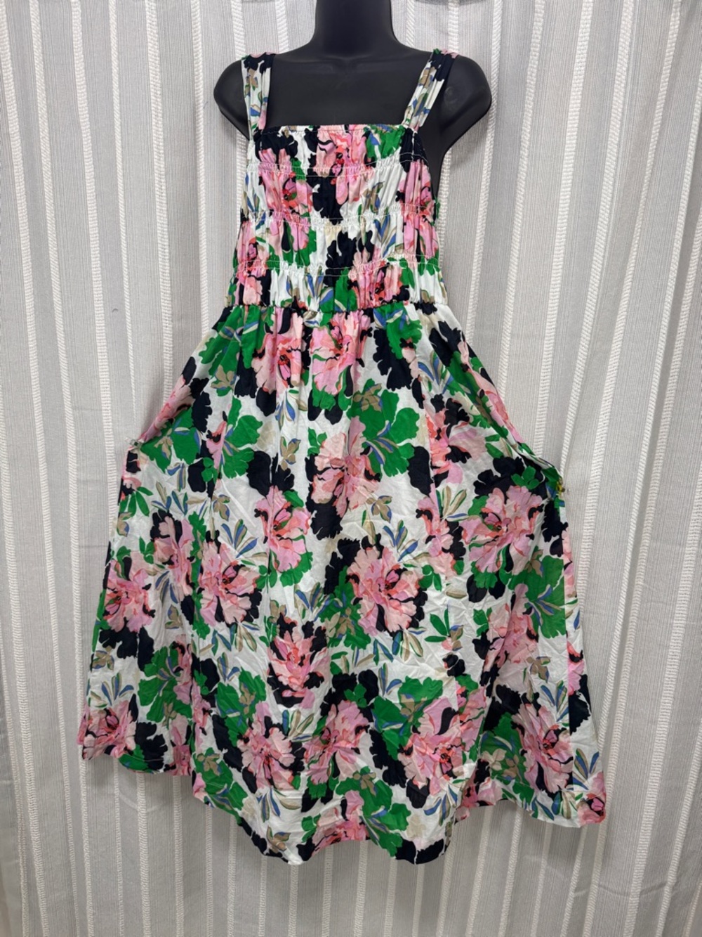 Floral Summer Sundress with Pink & Green Blooms Smock Top with‎ Pockets Size 10